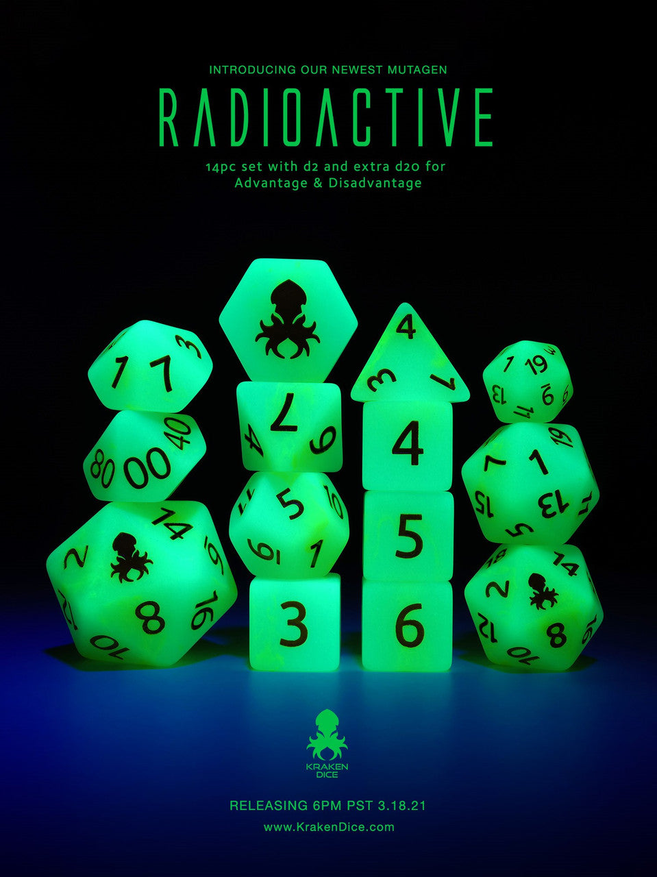 Mutagen: Radioactive 14pc Glow in the Dark Yellow Ink Dice Set